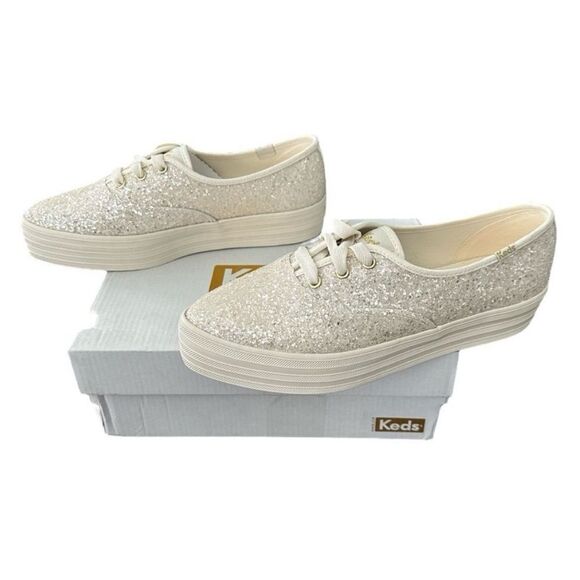 Keds Cream Glitter Sneakers Point Glitter Celebrations Lace Up Platform Sneaker - Picture 3 of 9